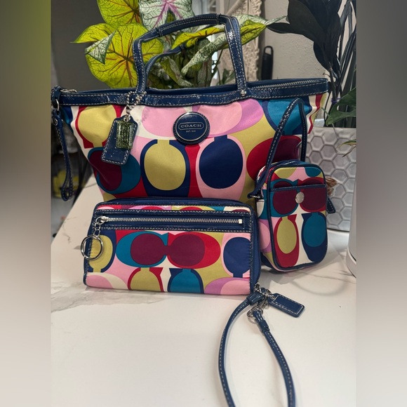 Coach Handbags - Coach Signature Scarf Print Multicolor Satin Bag Bundle (3) #F15183